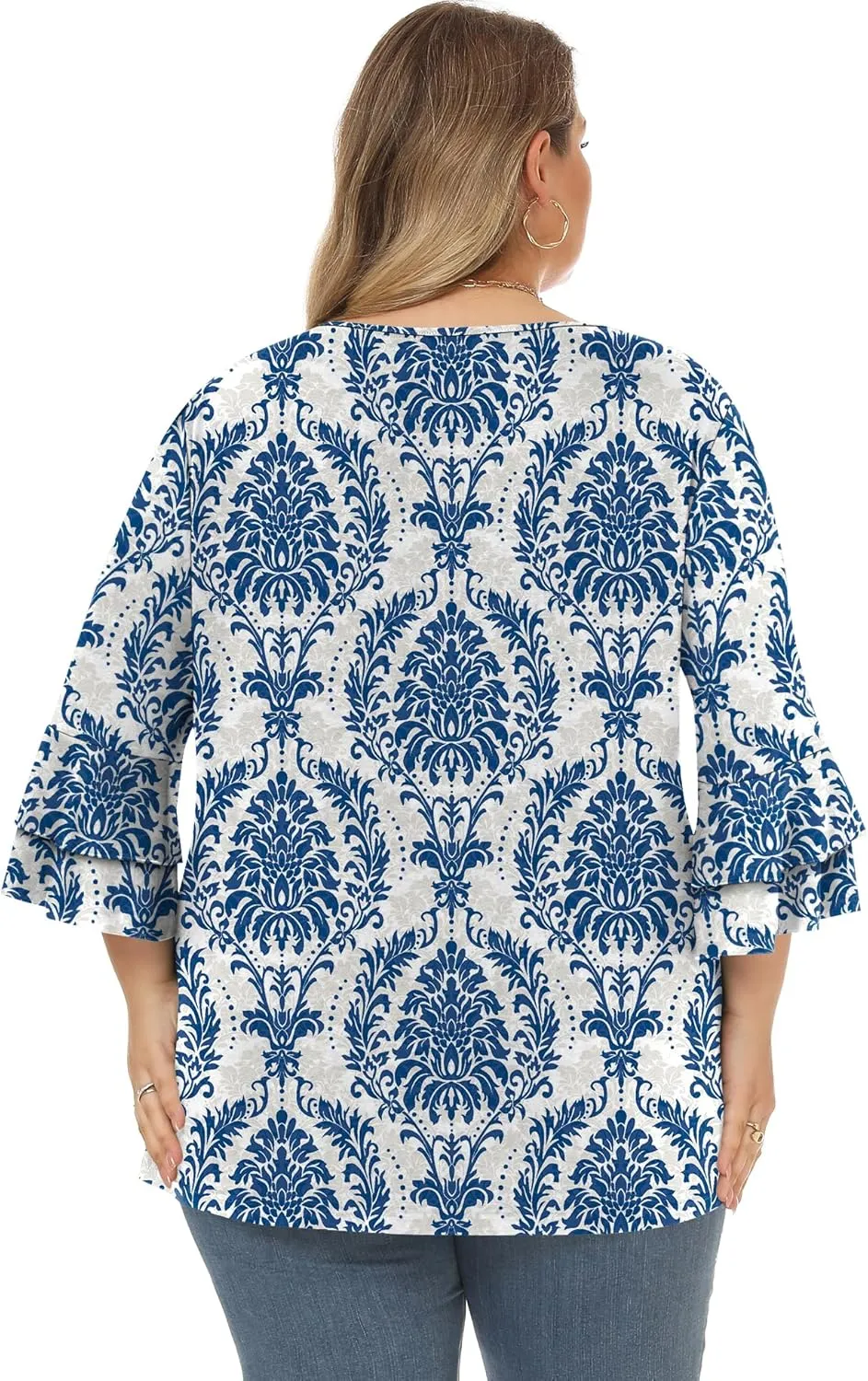 Rapbin Womens Plus Size Tops 3/4 Length Sleeve V Neck Pleated Shirts Loose Fit Tunic Blouse (1X-5X)