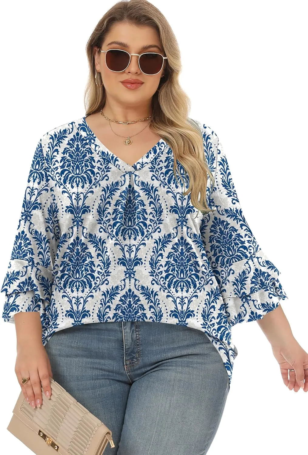 Rapbin Womens Plus Size Tops 3/4 Length Sleeve V Neck Pleated Shirts Loose Fit Tunic Blouse (1X-5X)