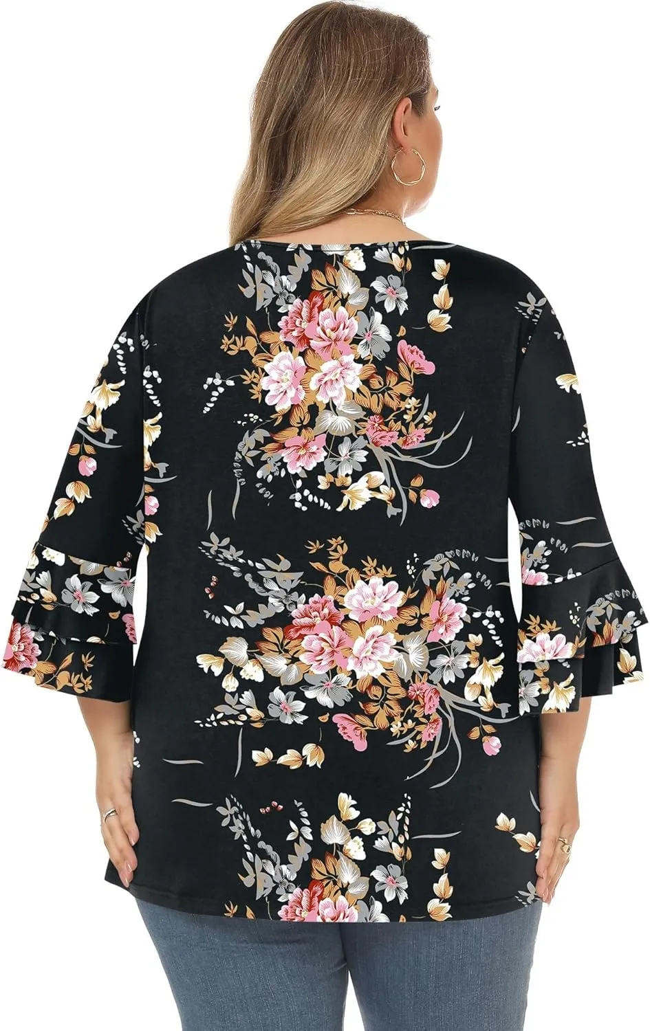 Rapbin Womens Plus Size Tops 3/4 Length Sleeve V Neck Pleated Shirts Loose Fit Tunic Blouse (1X-5X)