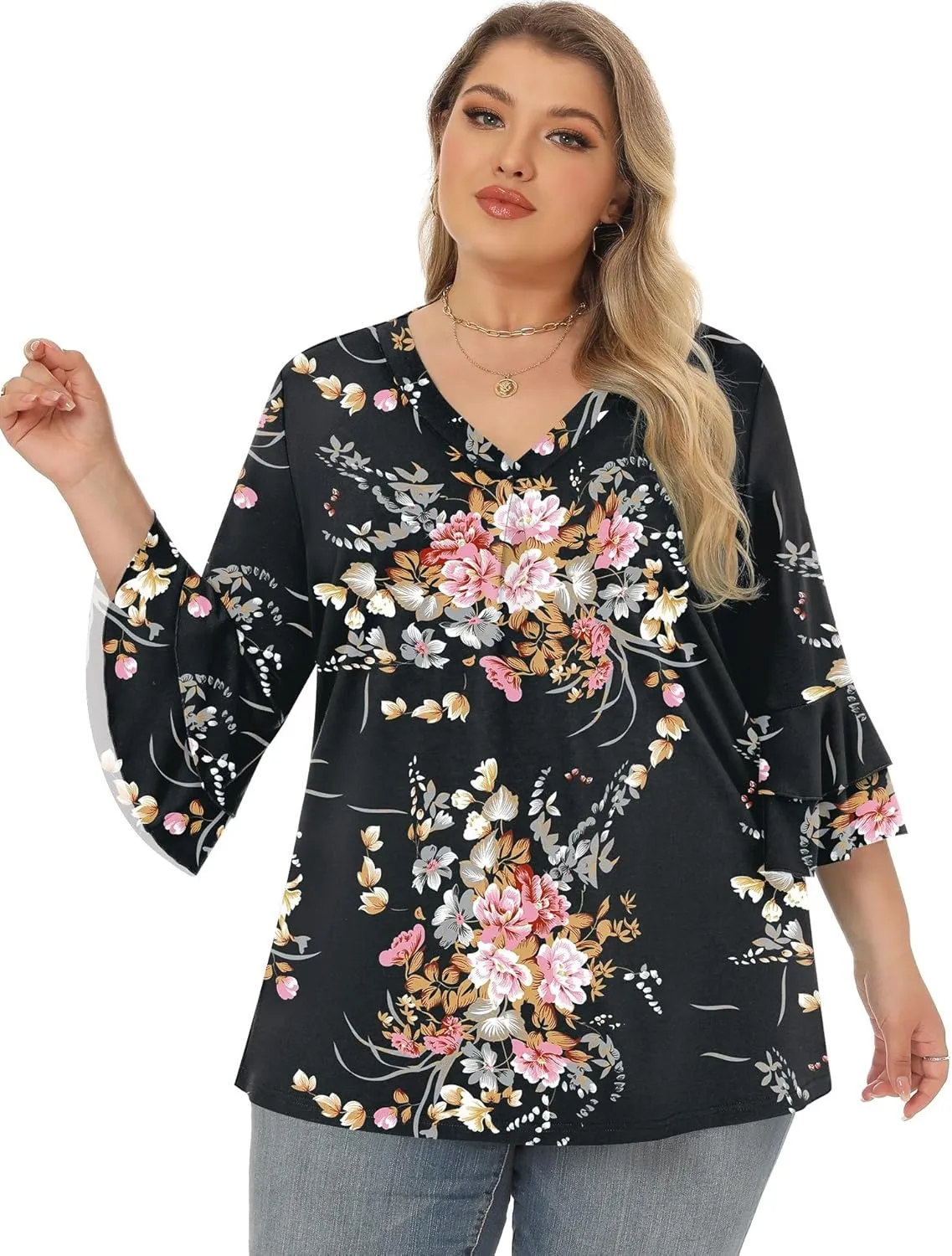 Rapbin Womens Plus Size Tops 3/4 Length Sleeve V Neck Pleated Shirts Loose Fit Tunic Blouse (1X-5X)