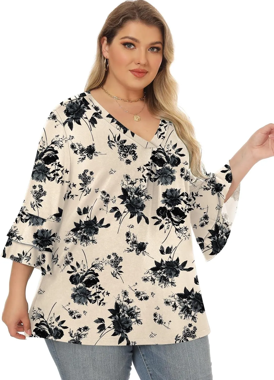 Rapbin Womens Plus Size Tops 3/4 Length Sleeve V Neck Pleated Shirts Loose Fit Tunic Blouse (1X-5X)