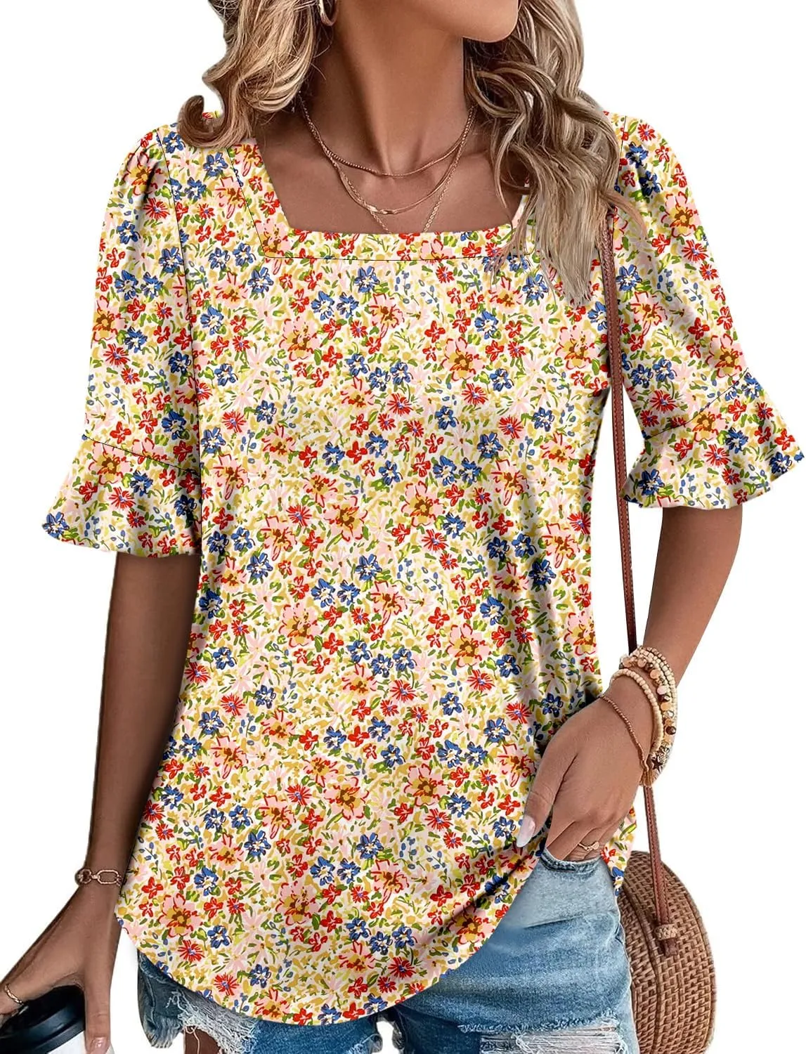 ROSELINLIN Half Sleeve Top for Women Summer Dressy Casual Tunic Top