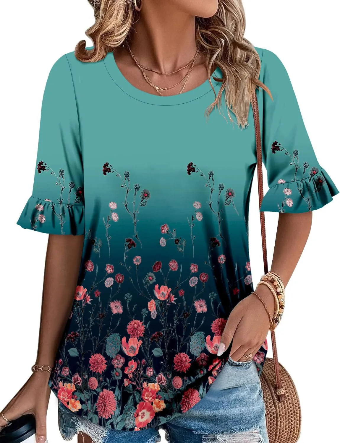ROSELINLIN Half Sleeve Top for Women Summer Dressy Casual Tunic Top