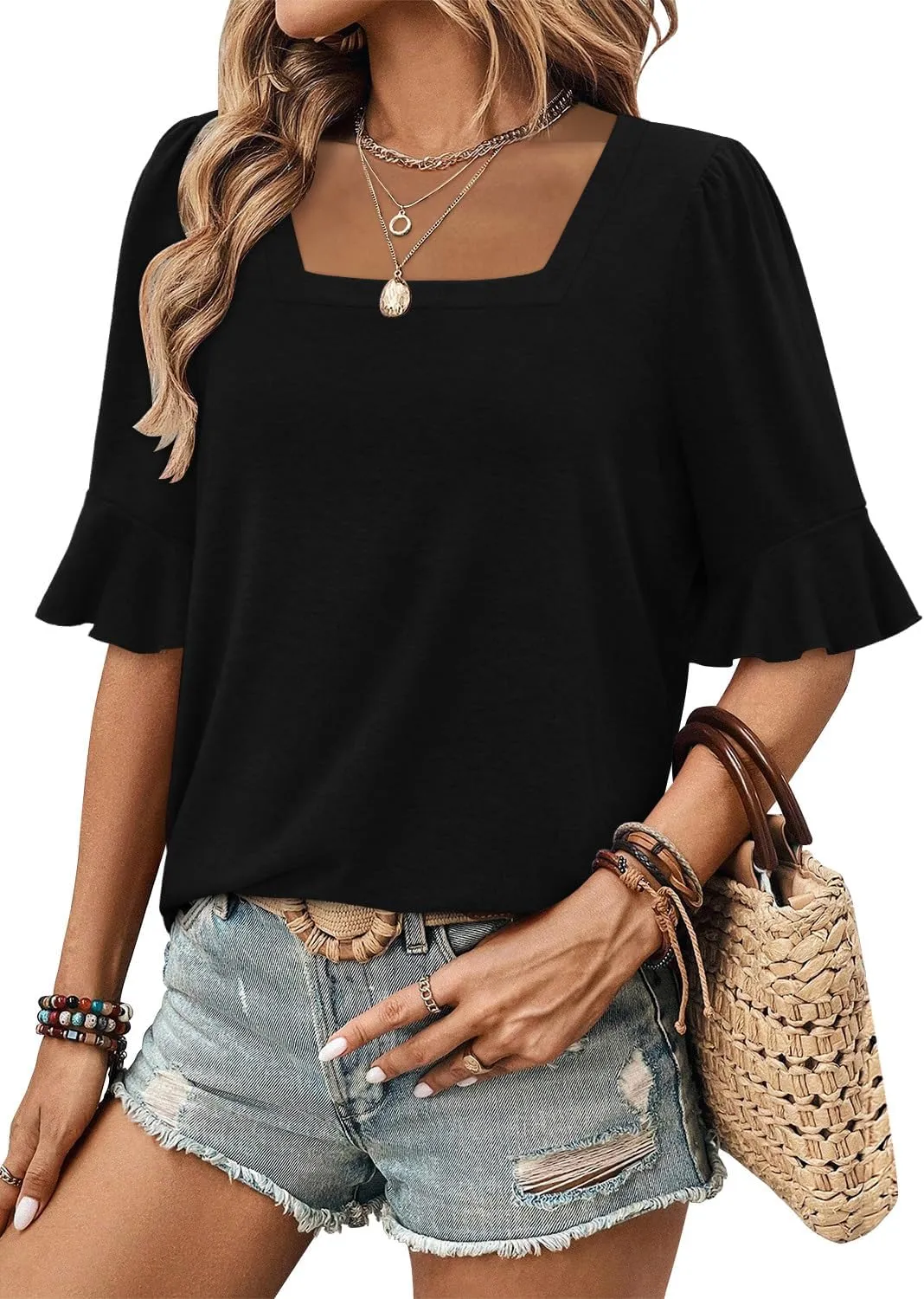 ROSELINLIN Half Sleeve Top for Women Summer Dressy Casual Tunic Top