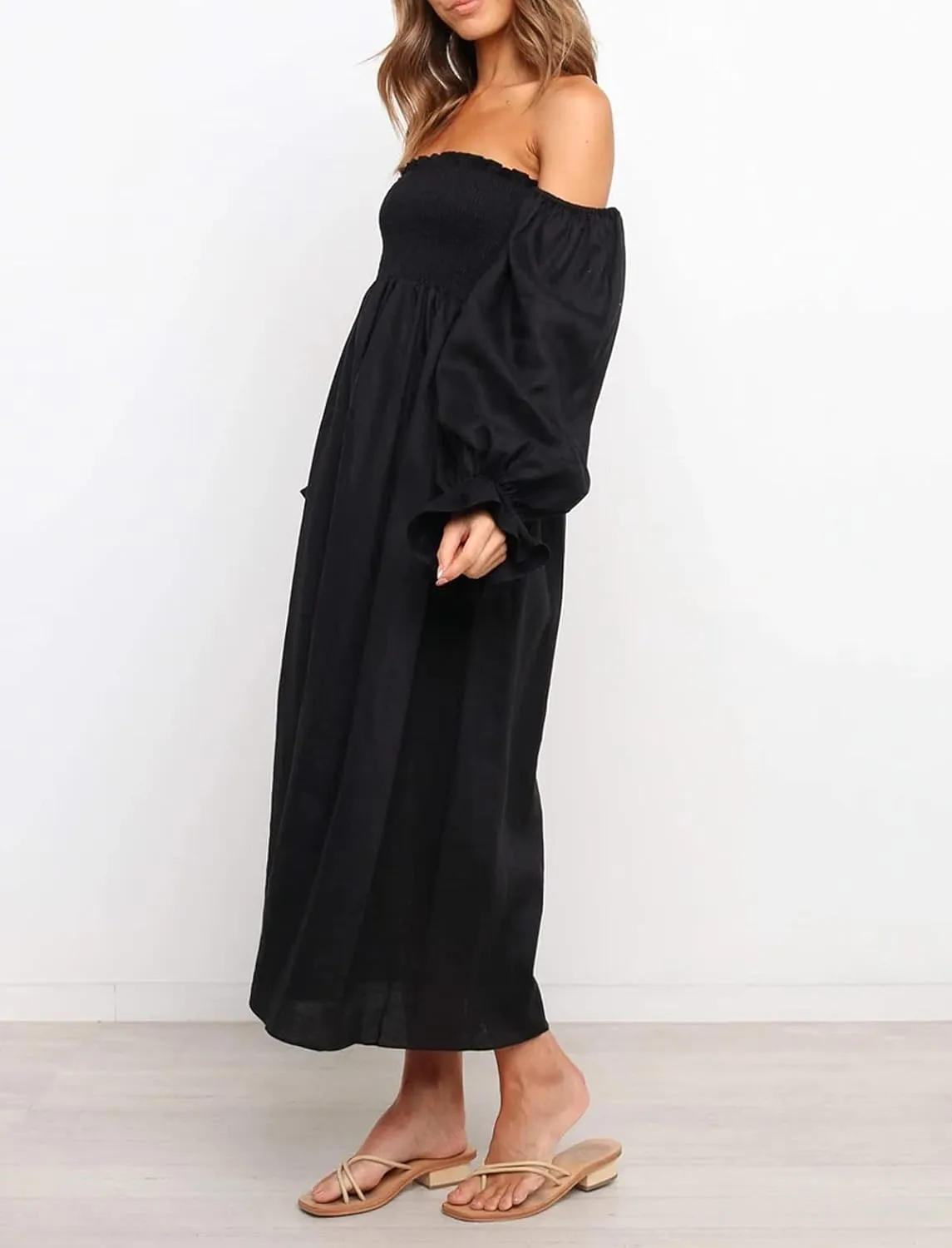 R.Vivimos Summer Dress for Women Long Sleeve Casual Plaid Print Smocked Off Shoulder A-Line Midi Dress