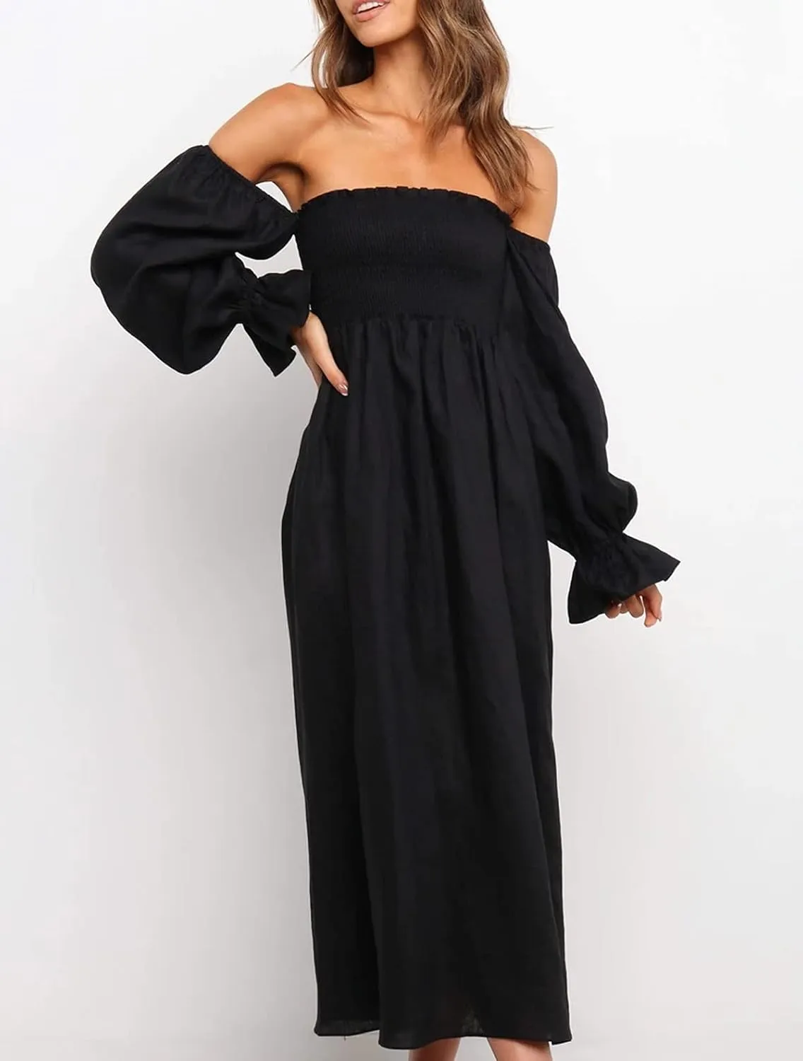 R.Vivimos Summer Dress for Women Long Sleeve Casual Plaid Print Smocked Off Shoulder A-Line Midi Dress