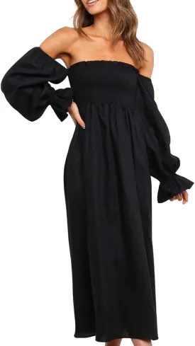 R.Vivimos Summer Dress for Women Long Sleeve Casual Plaid Print Smocked Off Shoulder A-Line Midi Dress