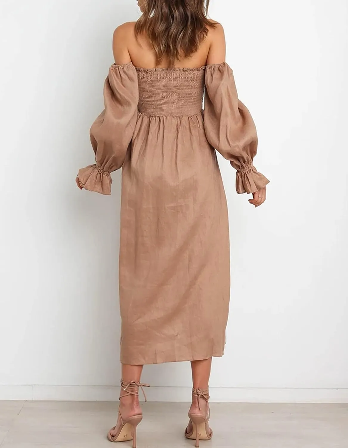 R.Vivimos Summer Dress for Women Long Sleeve Casual Plaid Print Smocked Off Shoulder A-Line Midi Dress