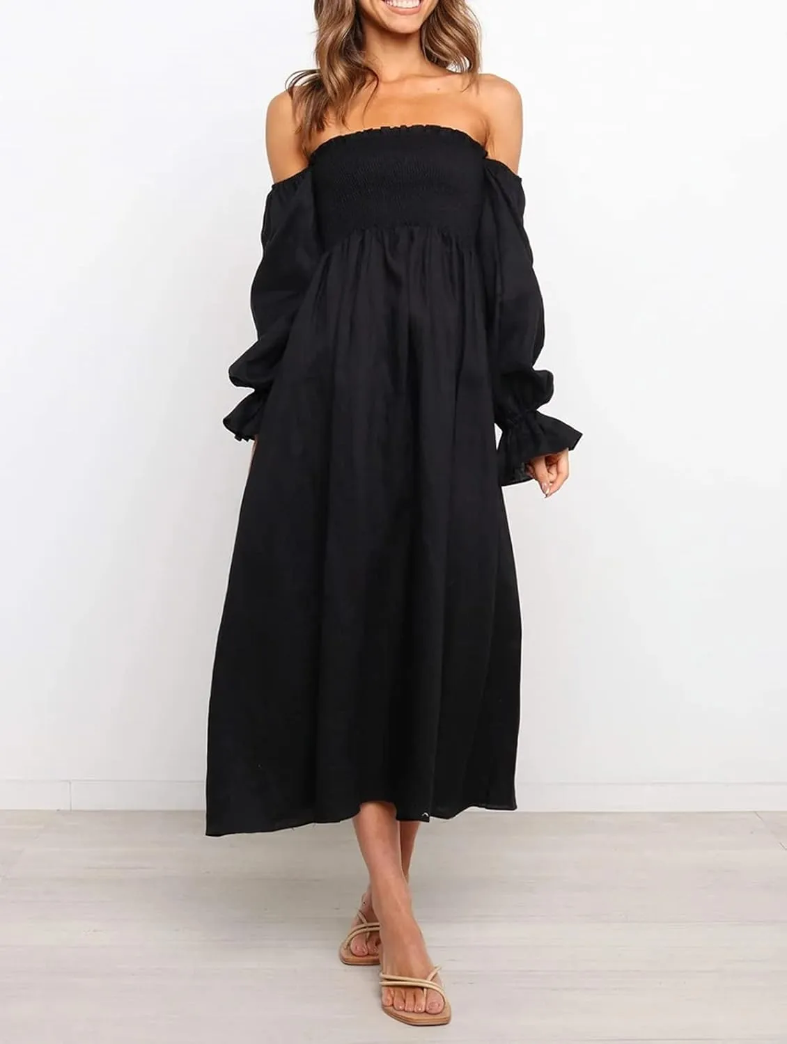 R.Vivimos Summer Dress for Women Long Sleeve Casual Plaid Print Smocked Off Shoulder A-Line Midi Dress