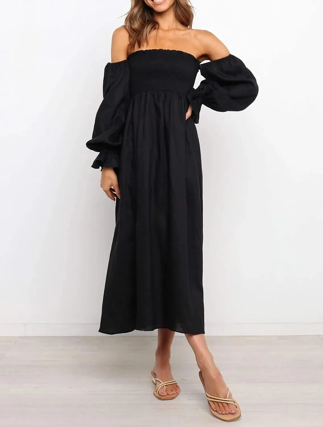 R.Vivimos Summer Dress for Women Long Sleeve Casual Plaid Print Smocked Off Shoulder A-Line Midi Dress