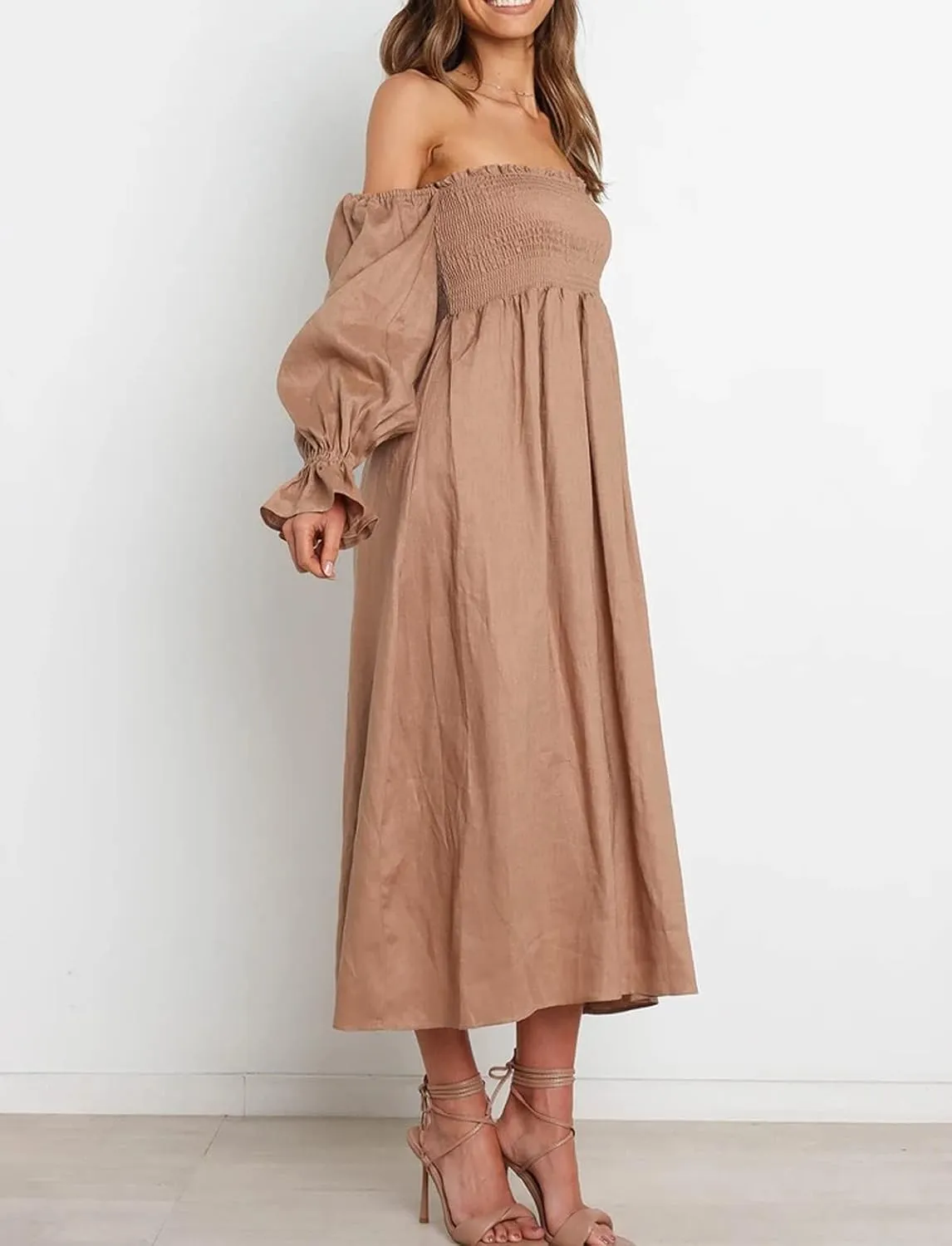 R.Vivimos Summer Dress for Women Long Sleeve Casual Plaid Print Smocked Off Shoulder A-Line Midi Dress