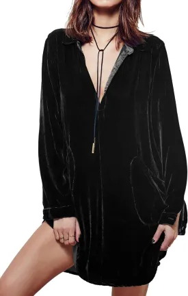R.Vivimos Womens Velvet Long Sleeve Pocket Casual Mini Shirt Dress