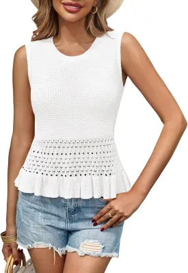 Saodimallsu Womens Crochet Crop Tank Tops Sleeveless Crew Neck Ruffle Summer Boho Knit Sweater Vest