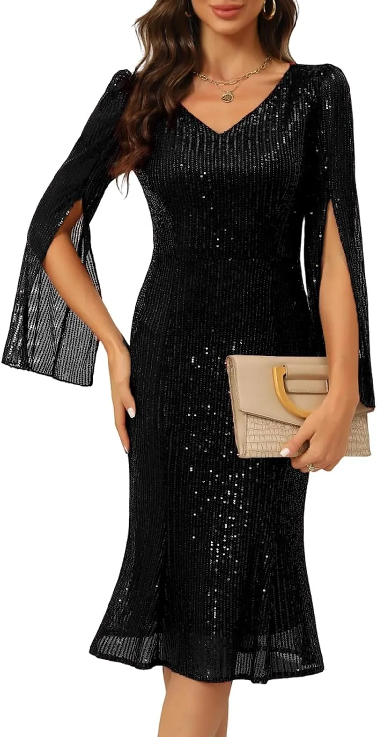 Sequin Cocktail Formal Dresses for Women,Weddings Guest Evening Party Gowns Slim Midi Fishtail Dress