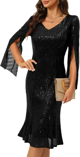 Sequin Cocktail Formal Dresses for Women,Weddings Guest Evening Party Gowns Slim Midi Fishtail Dress
