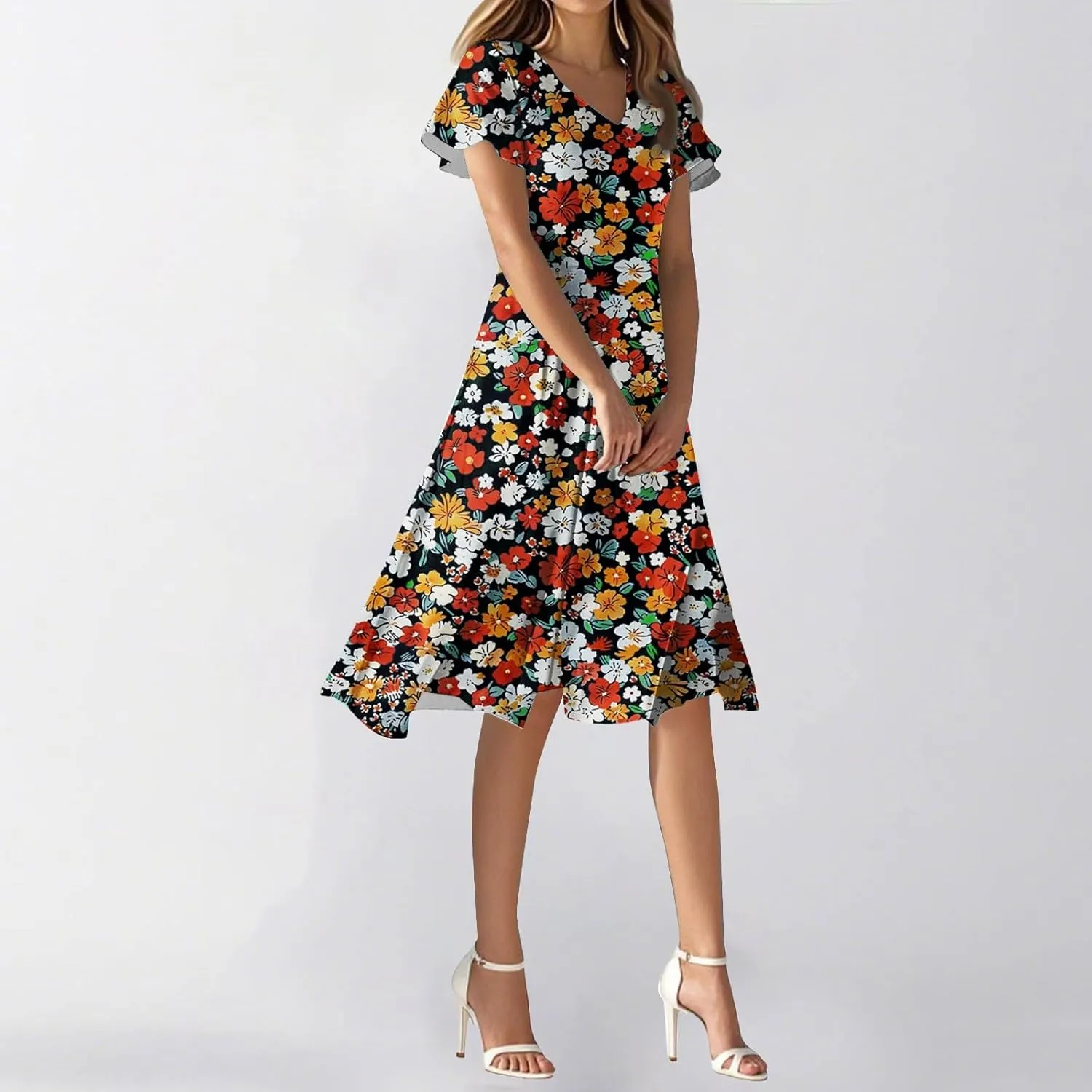 Sexy Dresses for Women Date Night V Neck Boho Knee Length Summer 2025 Tie Dye Floral Short Sleeve Short Skirt