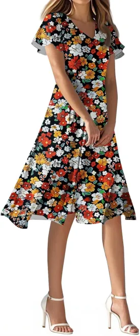 Sexy Dresses for Women Date Night V Neck Boho Knee Length Summer 2025 Tie Dye Floral Short Sleeve Short Skirt