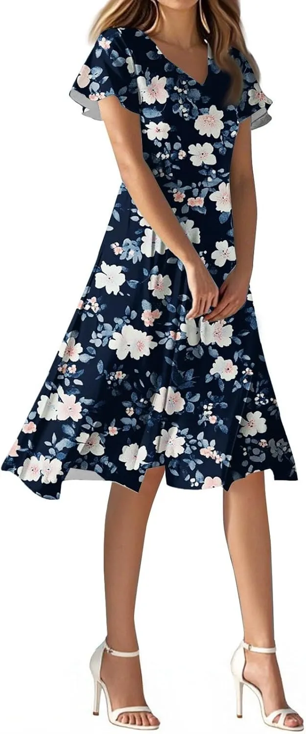 Sexy Dresses for Women Date Night V Neck Boho Knee Length Summer 2025 Tie Dye Floral Short Sleeve Short Skirt