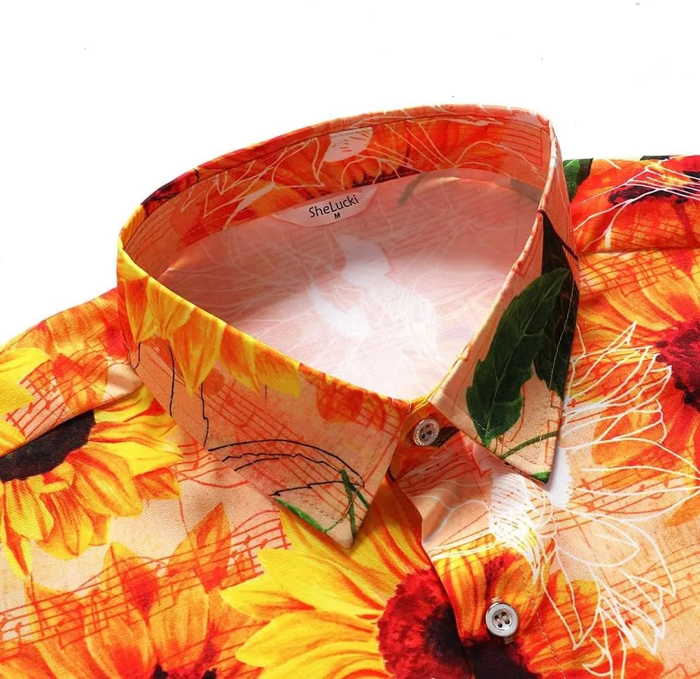 SheLucki Hawaiian Shirt for Men, Unisex Summer Beach Casual Short Sleeve Button Down Shirts, Printed Palmshadow Clothing