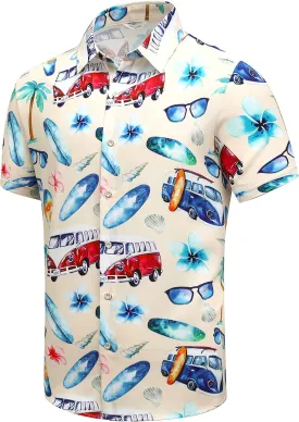 SheLucki Hawaiian Shirt for Men, Unisex Summer Beach Casual Short Sleeve Button Down Shirts, Printed Palmshadow Clothing