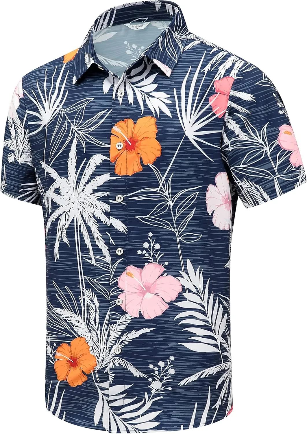 SheLucki Hawaiian Shirt for Men, Unisex Summer Beach Casual Short Sleeve Button Down Shirts, Printed Palmshadow Clothing