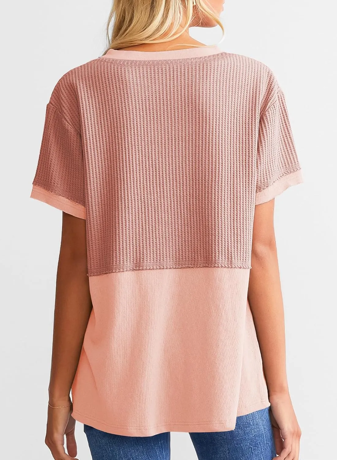 SHEWIN Womens Casual V Neck Waffle Knit Tops Short Sleeve T Shirts Loose Blouses