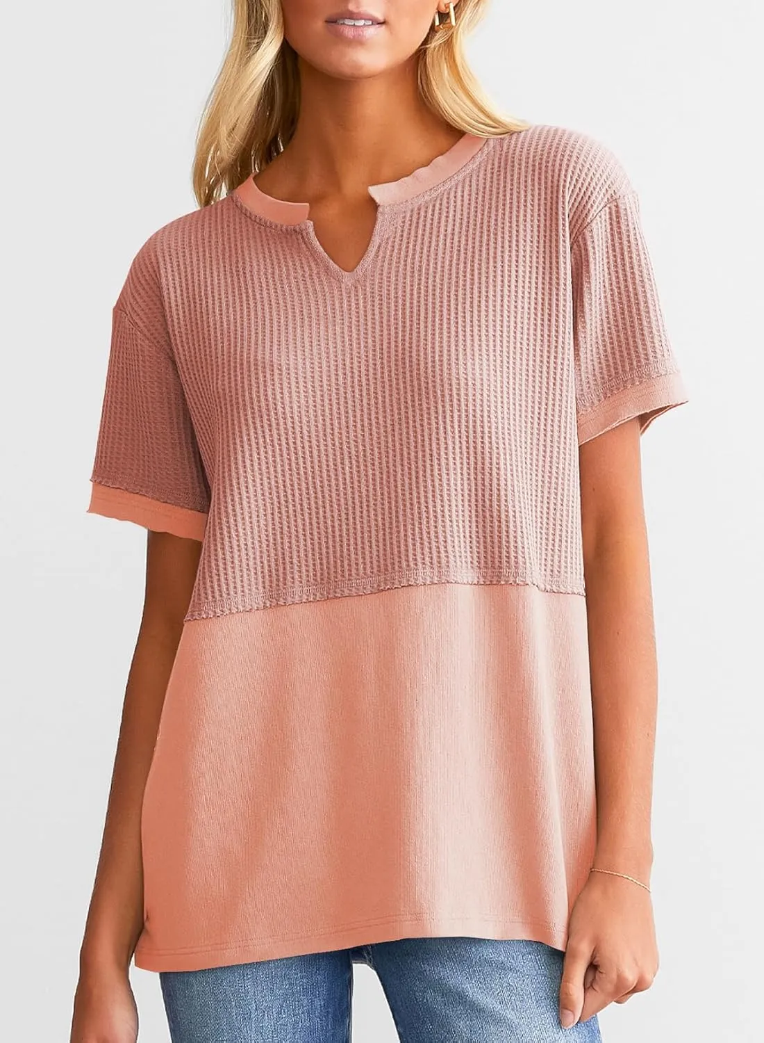 SHEWIN Womens Casual V Neck Waffle Knit Tops Short Sleeve T Shirts Loose Blouses