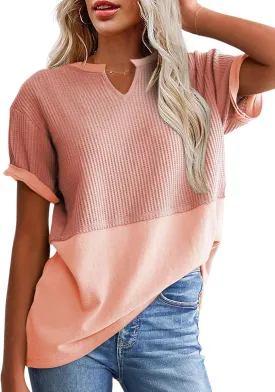 SHEWIN Womens Casual V Neck Waffle Knit Tops Short Sleeve T Shirts Loose Blouses SHEWIN Womens Casual V Neck Waffle Knit Tops Short Sleeve T Shirts Loose Blouses