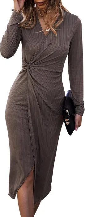 SHIBEVER Women's Long Sleeve Dress: Midi Casual V Neck Twist Waist Ribbed Knit Bodycon Slit Cocktail Party Dresses