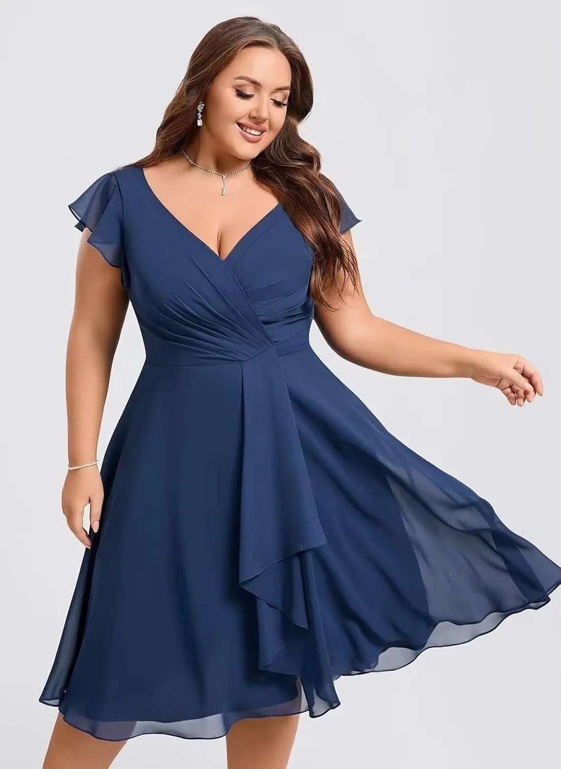 Short Chiffon Bridesmaid Dresses for Women V Neck Ruffles A Line Pleated Formal Evening Gowns AP49