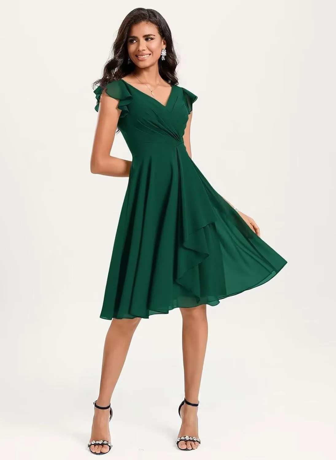 Short Chiffon Bridesmaid Dresses for Women V Neck Ruffles A Line Pleated Formal Evening Gowns AP49