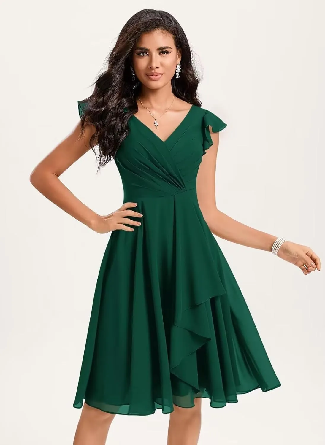 Short Chiffon Bridesmaid Dresses for Women V Neck Ruffles A Line Pleated Formal Evening Gowns AP49