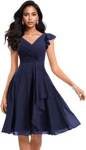 Short Chiffon Bridesmaid Dresses for Women V Neck Ruffles A Line Pleated Formal Evening Gowns AP49