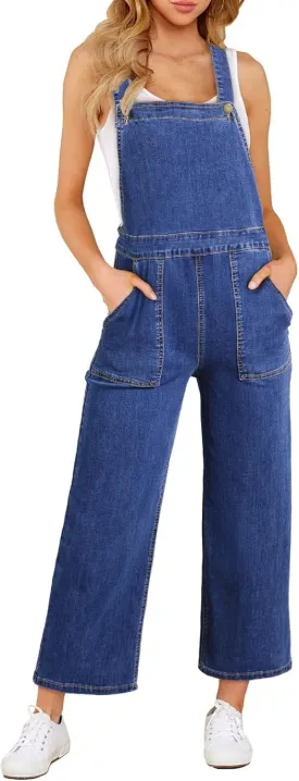 Sidefeel Overalls for Women Casual Stretchy Adjustable Strap Denim Jumpsuits Wide Leg Loose Fit Cropped Jean Rompers