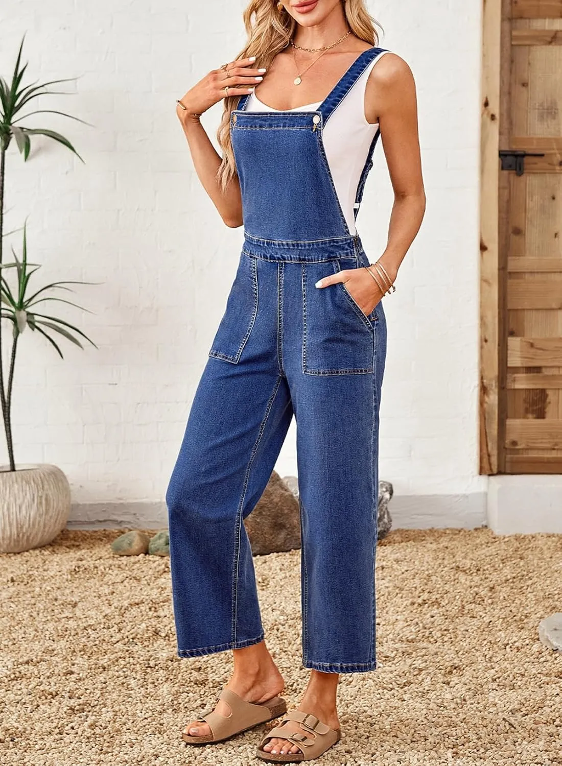 Sidefeel Overalls for Women Casual Stretchy Adjustable Strap Denim Jumpsuits Wide Leg Loose Fit Cropped Jean Rompers