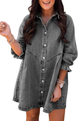 Sidefeel Womens Smocked 3 4 Sleeve Button Down Denim Jeans Dresses