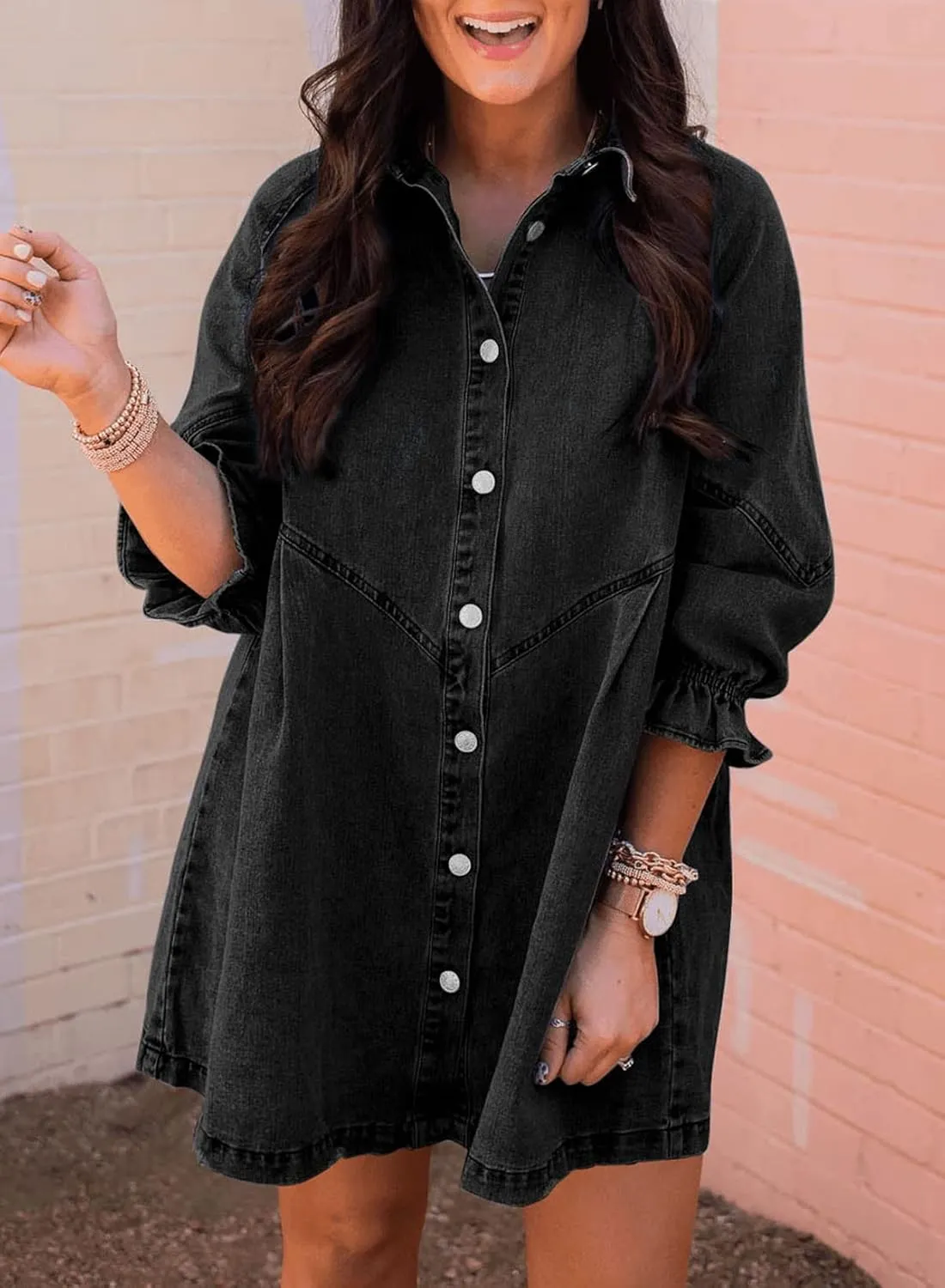 Sidefeel Womens Smocked 3 4 Sleeve Button Down Denim Jeans Dresses