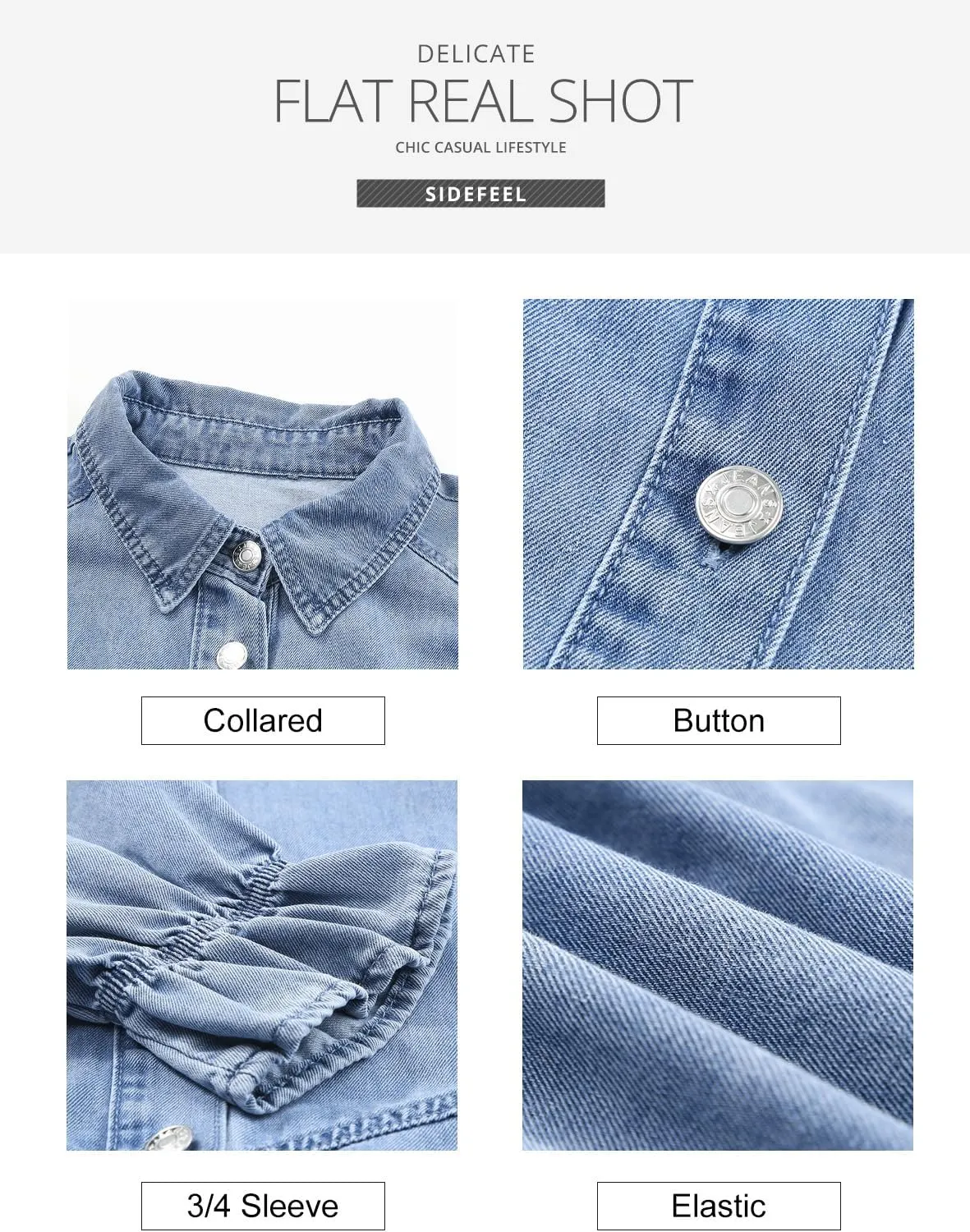 Sidefeel Womens Smocked 3 4 Sleeve Button Down Denim Jeans Dresses
