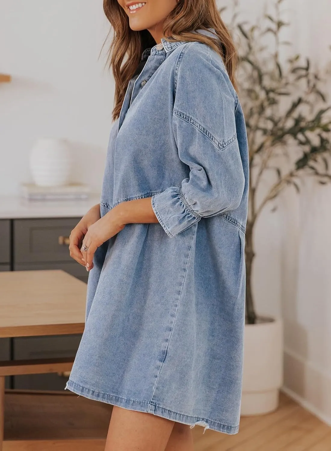 Sidefeel Womens Smocked 3 4 Sleeve Button Down Denim Jeans Dresses