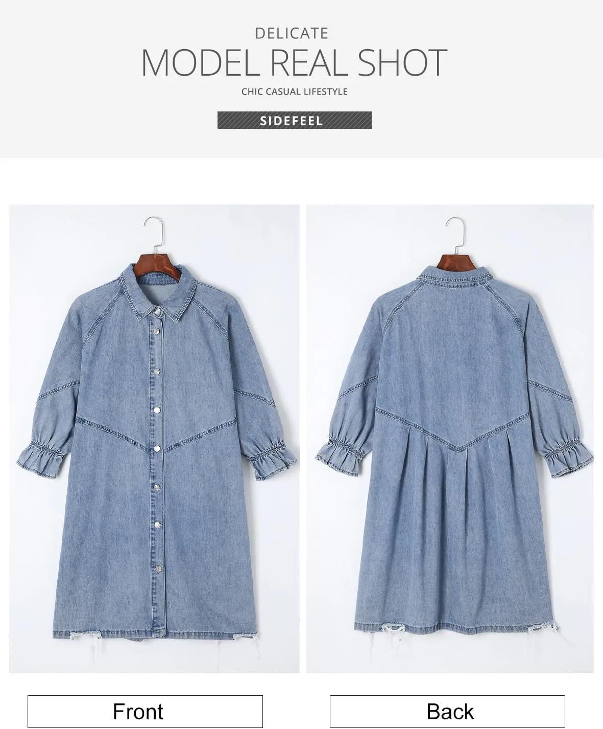 Sidefeel Womens Smocked 3 4 Sleeve Button Down Denim Jeans Dresses