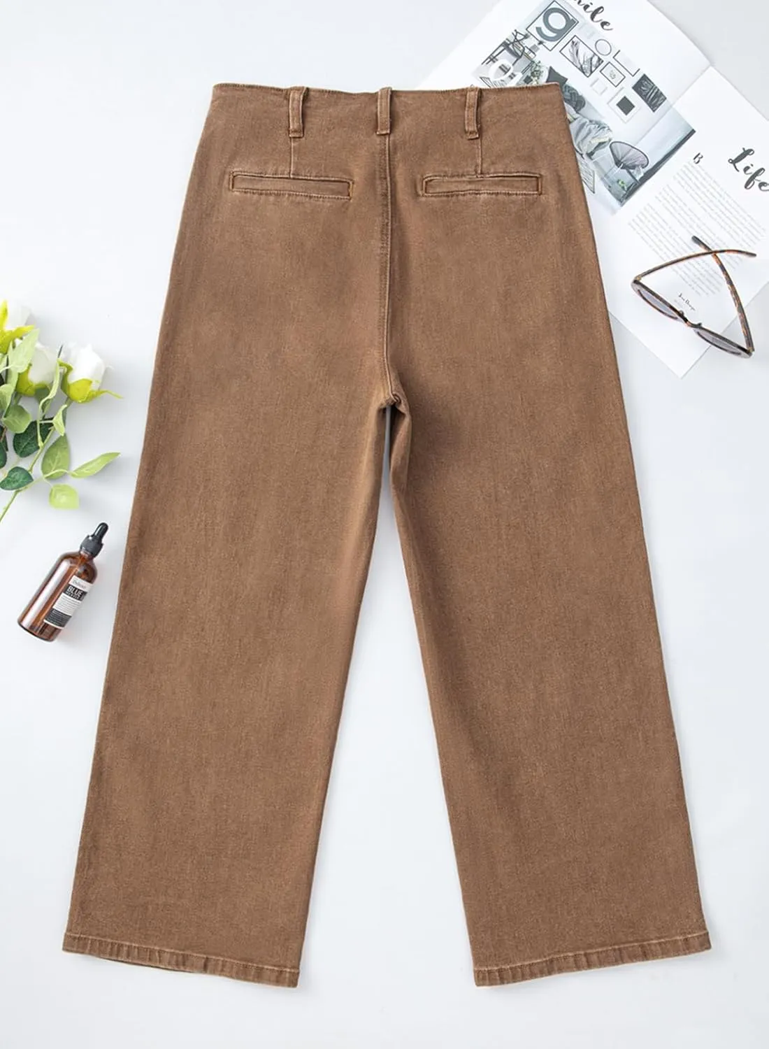 Sidefeel Women's Wide Leg Jeans High Waisted Zimbaplatinum Stretchy Straight Leg Jeans Buttoned Loose Denim Pants with Pocket