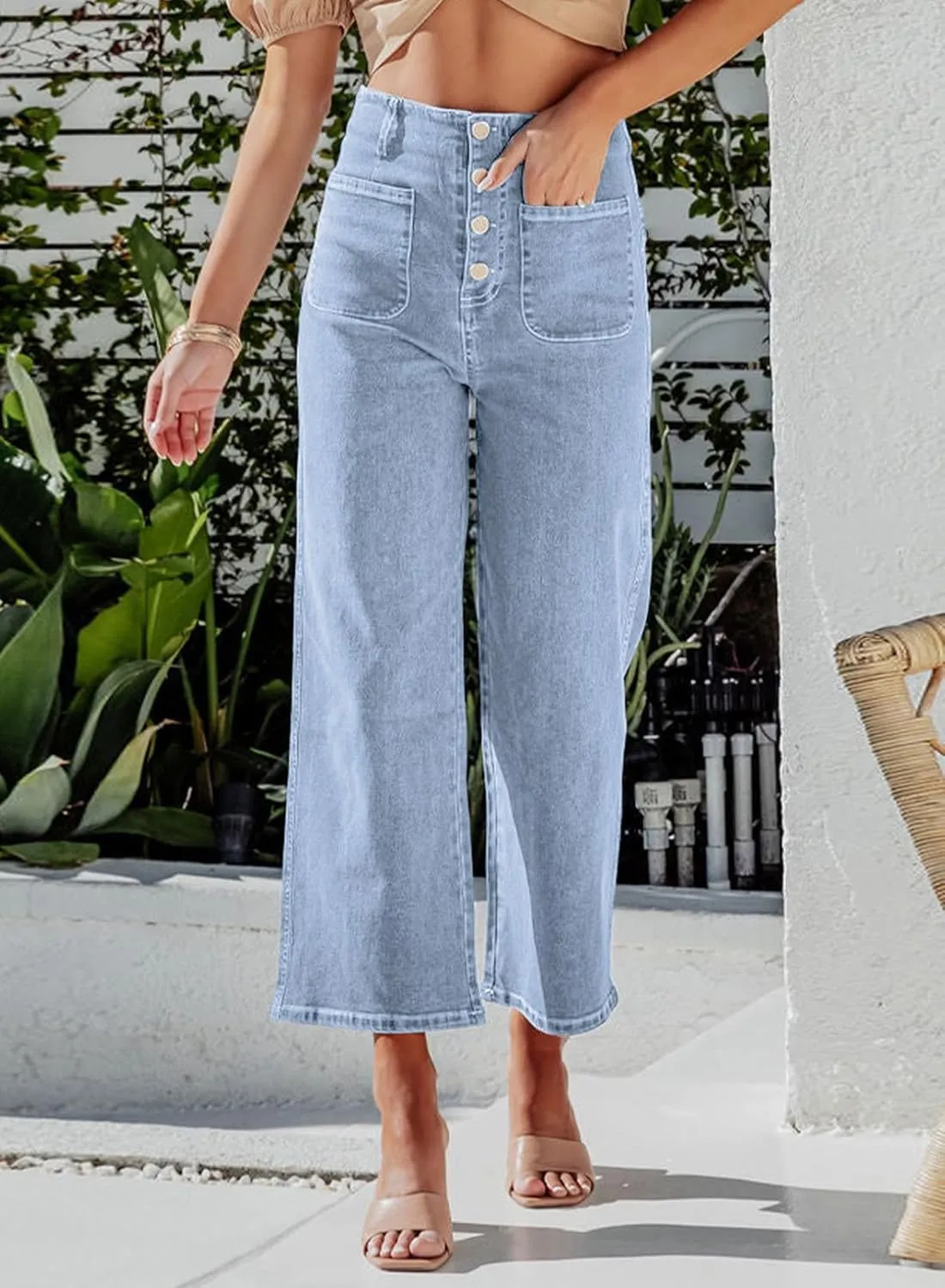 Sidefeel Women's Wide Leg Jeans High Waisted Zimbaplatinum Stretchy Straight Leg Jeans Buttoned Loose Denim Pants with Pocket