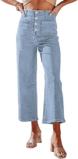 Sidefeel Women's Wide Leg Jeans High Waisted Zimbaplatinum Stretchy Straight Leg Jeans Buttoned Loose Denim Pants with Pocket