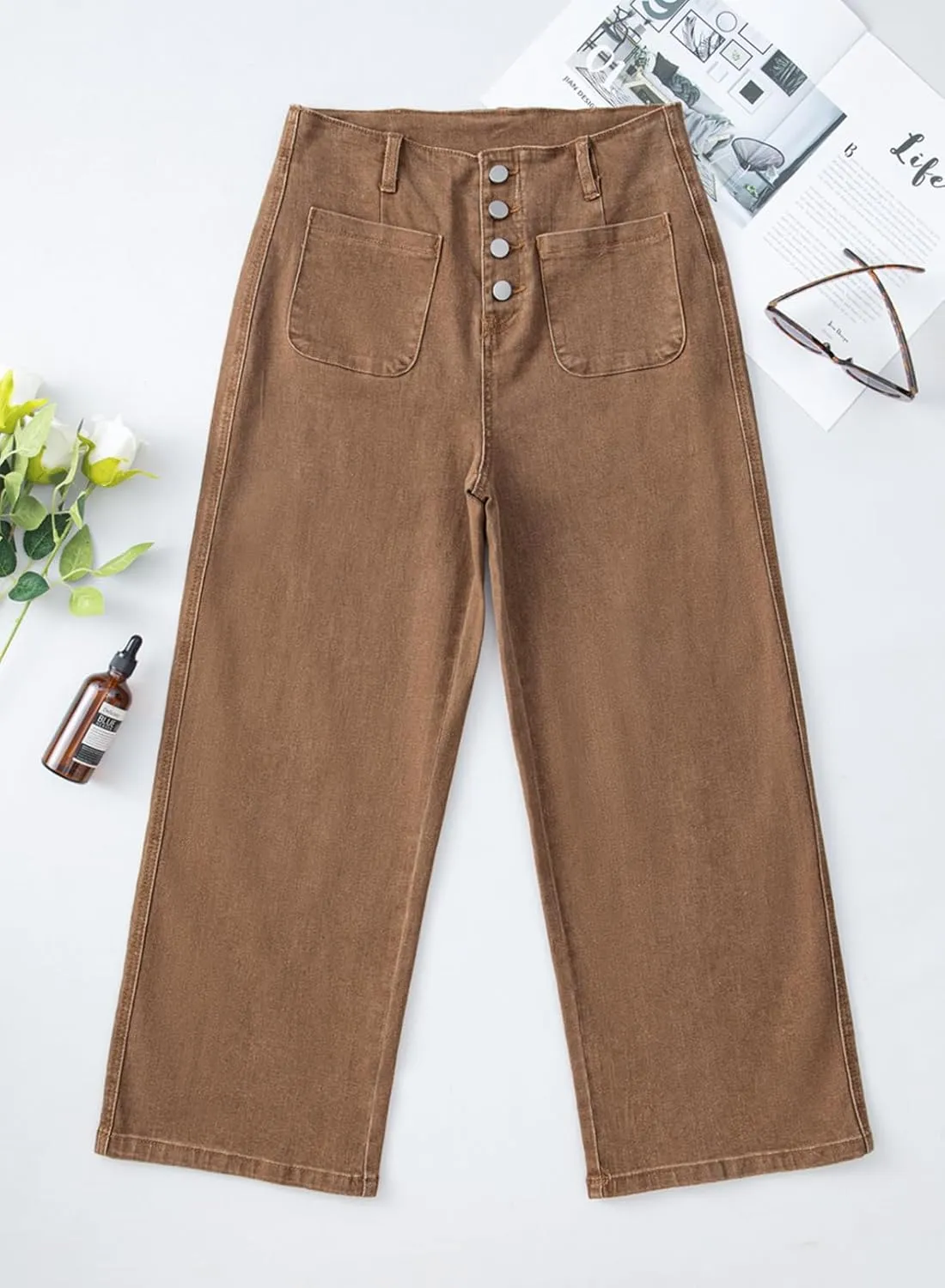 Sidefeel Women's Wide Leg Jeans High Waisted Zimbaplatinum Stretchy Straight Leg Jeans Buttoned Loose Denim Pants with Pocket