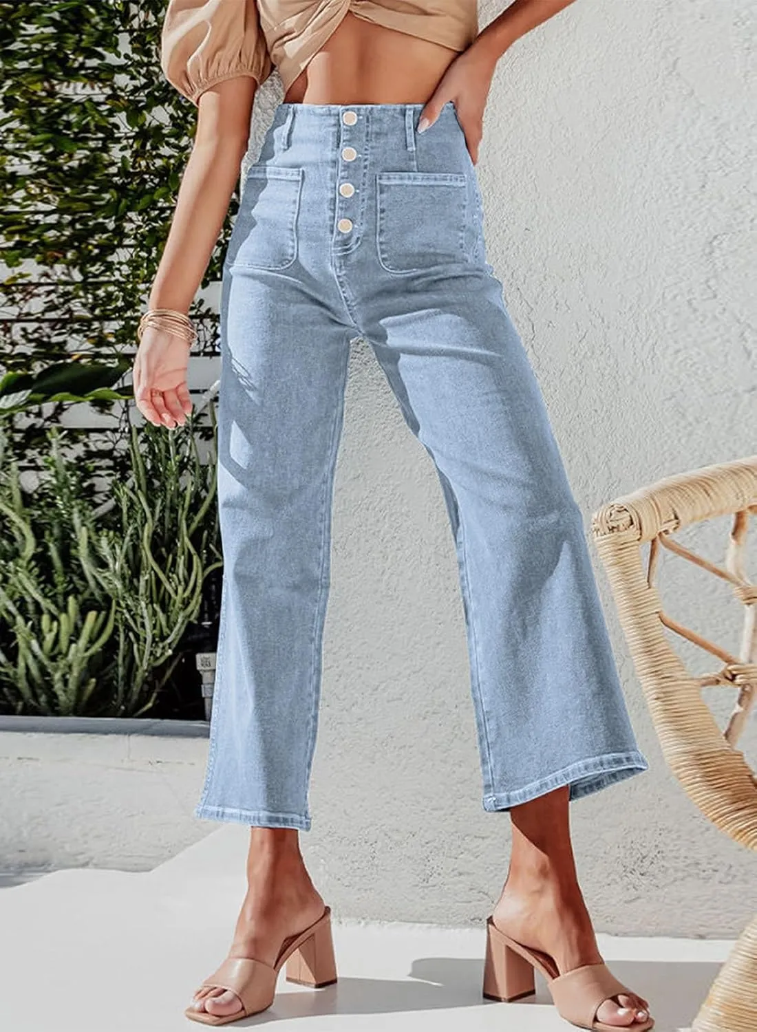 Sidefeel Women's Wide Leg Jeans High Waisted Zimbaplatinum Stretchy Straight Leg Jeans Buttoned Loose Denim Pants with Pocket