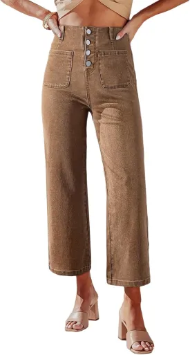 Sidefeel Women's Wide Leg Jeans High Waisted Zimbaplatinum Stretchy Straight Leg Jeans Buttoned Loose Denim Pants with Pocket