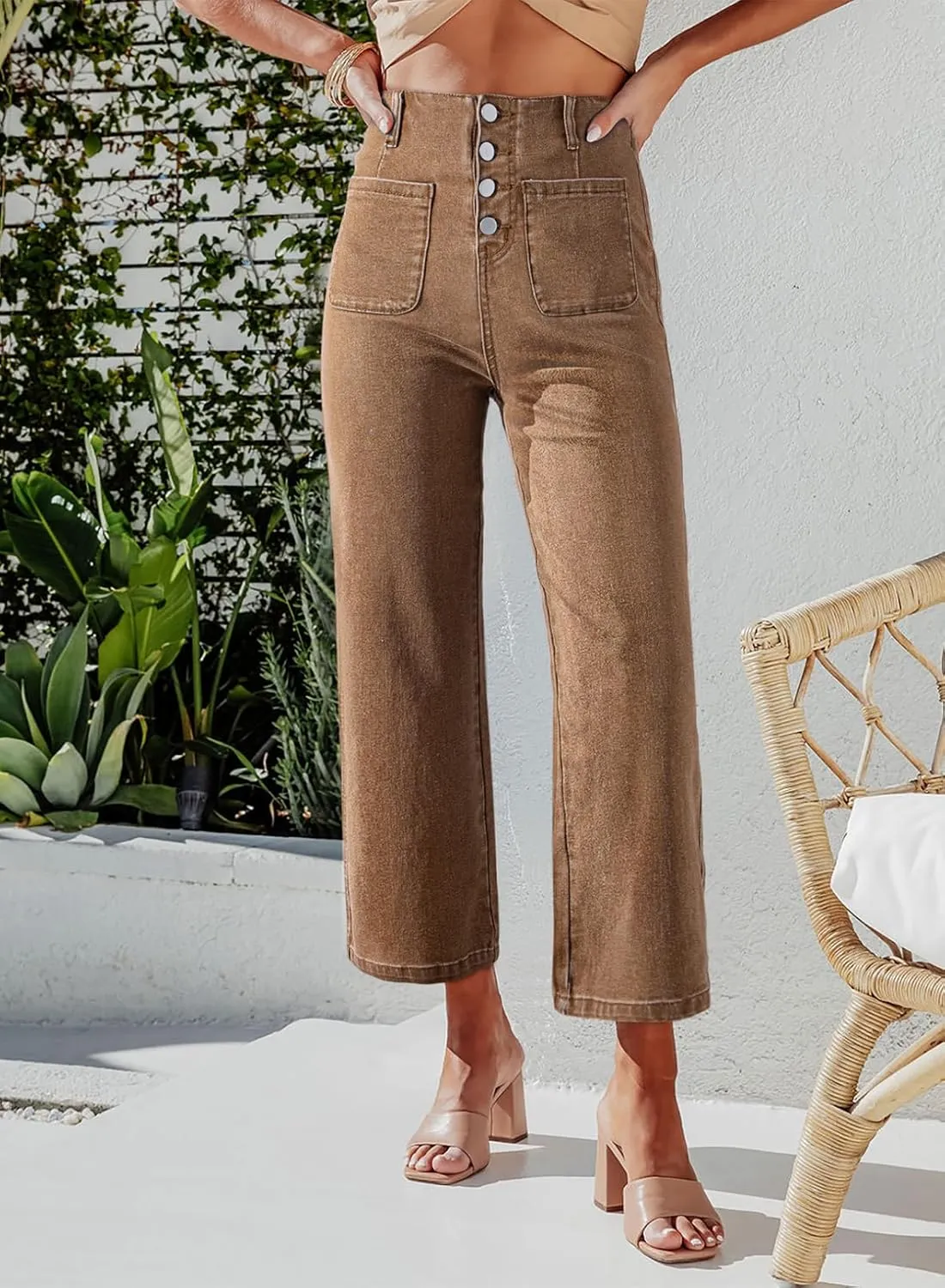 Sidefeel Women's Wide Leg Jeans High Waisted Zimbaplatinum Stretchy Straight Leg Jeans Buttoned Loose Denim Pants with Pocket
