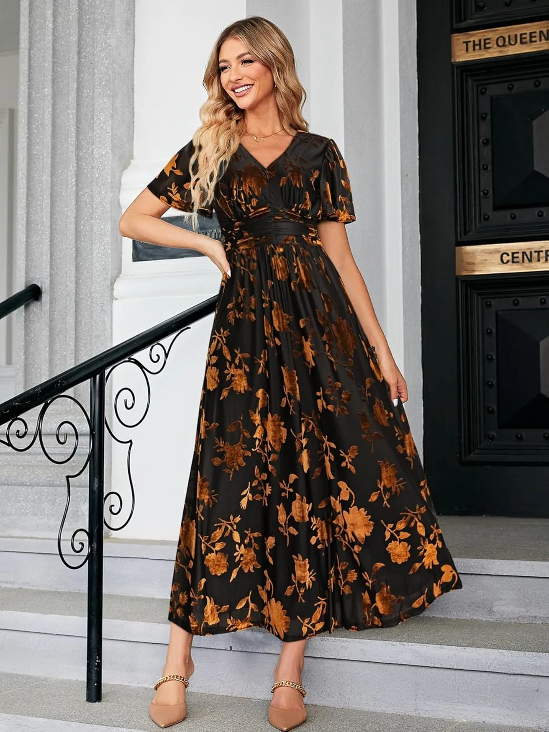 Simplee Women’s V Neck Velvet Maxi Dress Short Sleeve Empire Waist Long Formal Dress for Wedding Guest