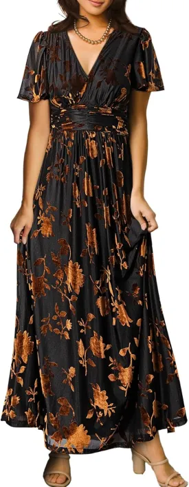 Simplee Women’s V Neck Velvet Maxi Dress Short Sleeve Empire Waist Long Formal Dress for Wedding Guest