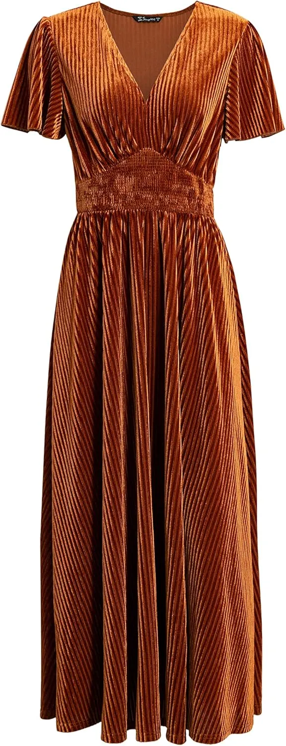 Simplee Women’s V Neck Velvet Maxi Dress Short Sleeve Empire Waist Long Formal Dress for Wedding Guest
